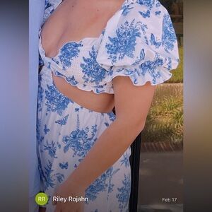 Blue Floral Puff Sleeve Cutout Romper